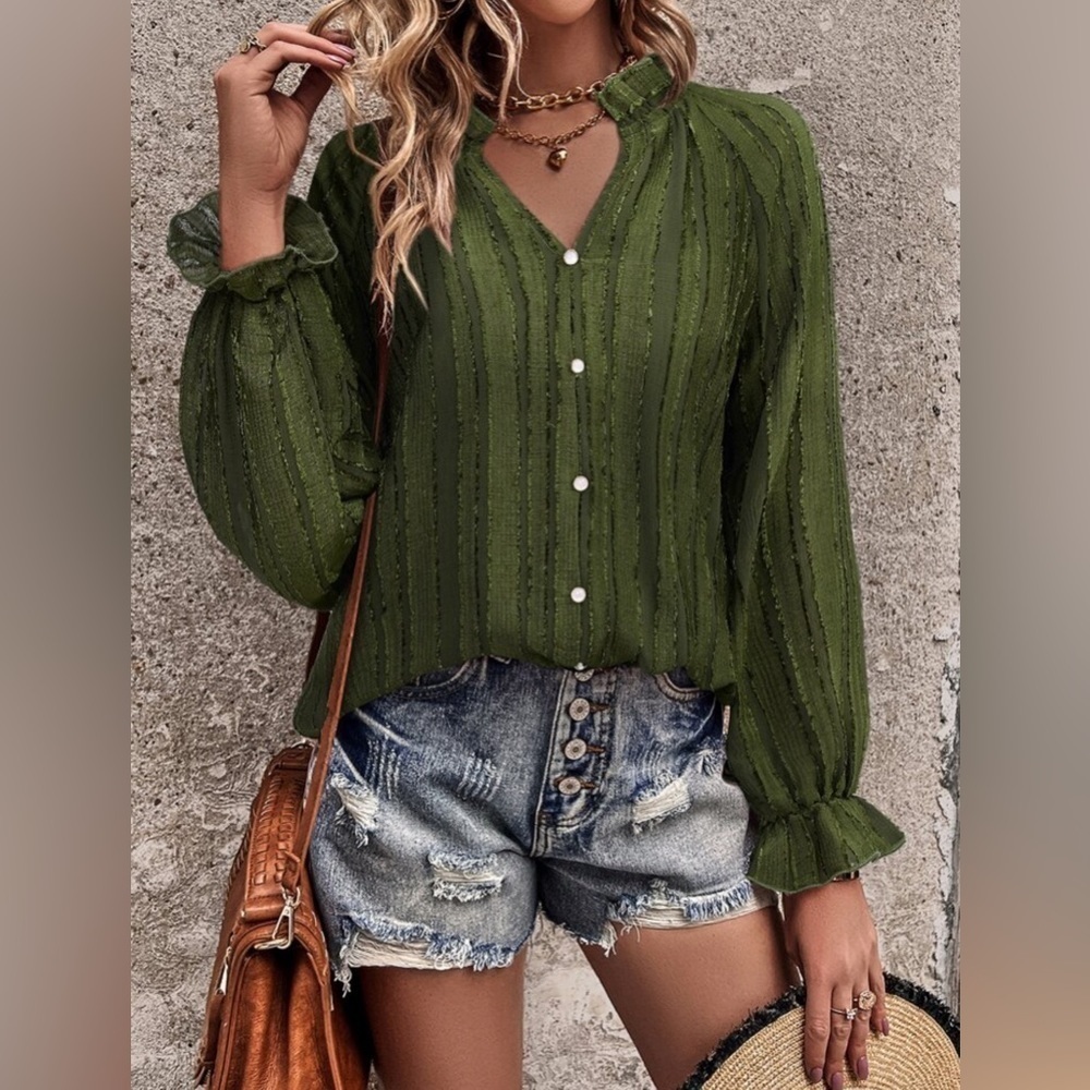 Dark Green Ruffle Collar Button Front Lotus Long Sleeves Chiffon Top Coquette